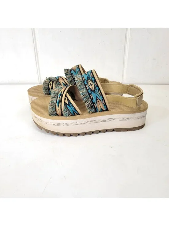 Teva Women's Fringe Platform Sandals With Aztec Print Straps & Wedge Sole Beige - Picture 6 of 9